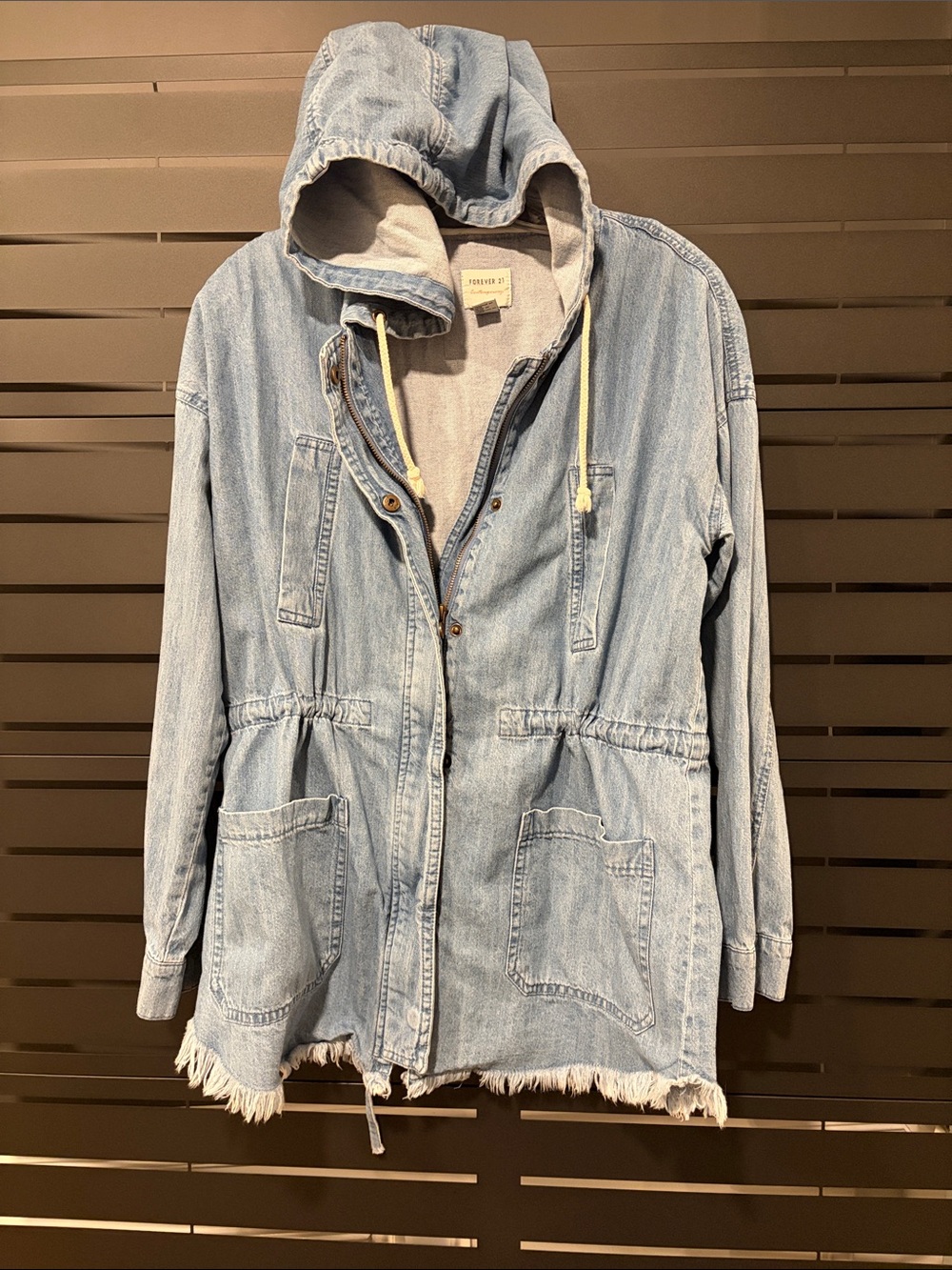 Forever 21 Hooded Denim Utility Skateboarding Jacket with Frayed Hem